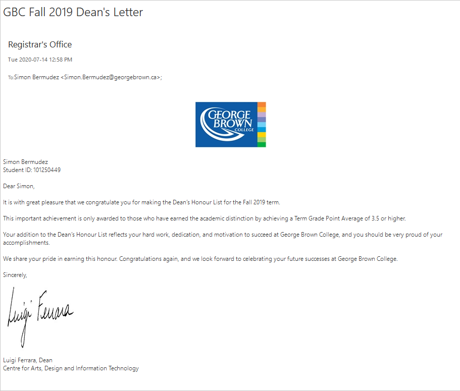 Dean's List certificate, Fall 2019
