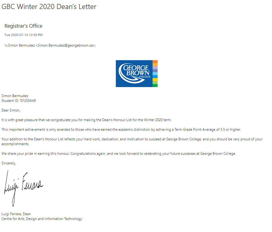Dean's List certificate, Winter 2020