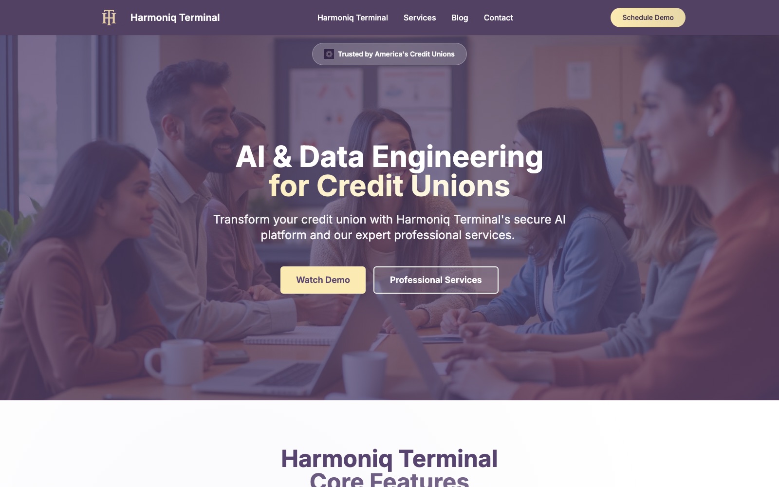 Harmoniq Terminal AI platform for credit unions website screenshot